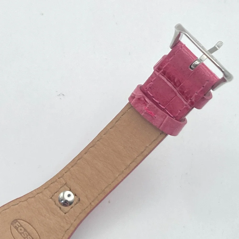 Fossil F2 Women's Watch 23mm Silver Tone Date Pink Leather Cuff MOP New Battery